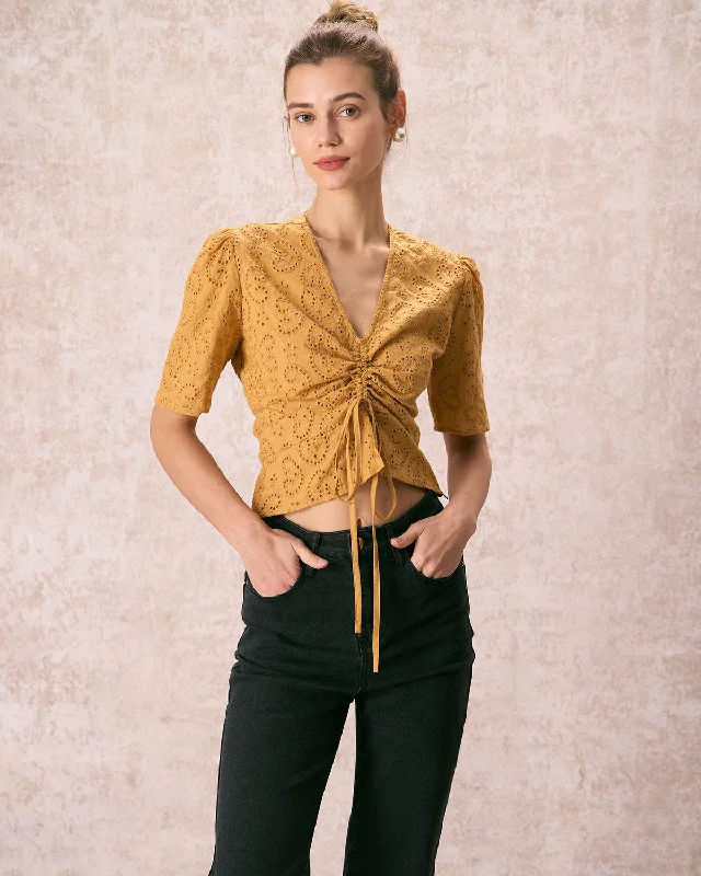 The Yellow V Neck Embroidery Tie Front Tee | Yellow