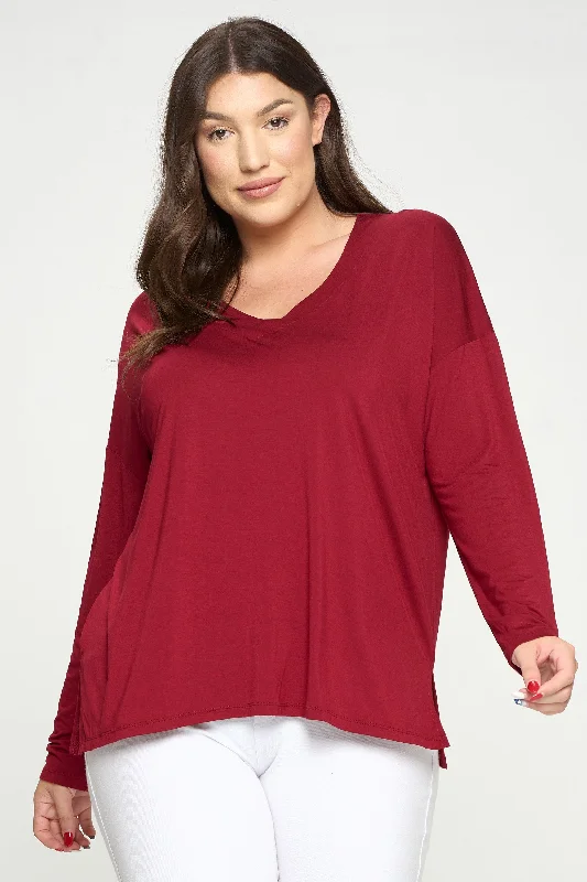 Plus Size Basic V-Neck Solid Long Sleeve Top