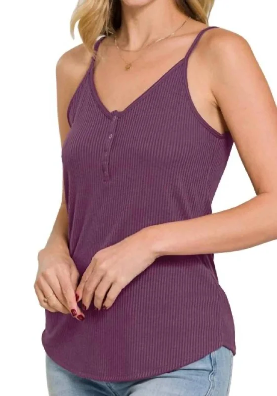 Ribbed Button V-Neck Tank Top In Plum