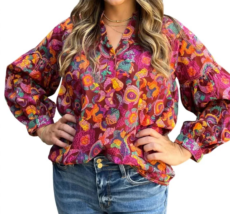 Floral V-Neck Blouse In Burgundy