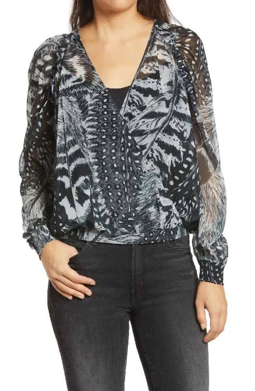 Feather Long Sleeve Fara Stretto V-Neck Wrap Blouse In Black