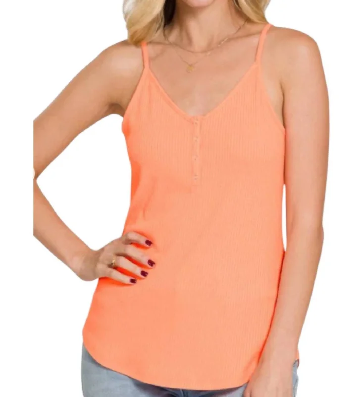 Ribbed Button V-Neck Tank Top In Coral