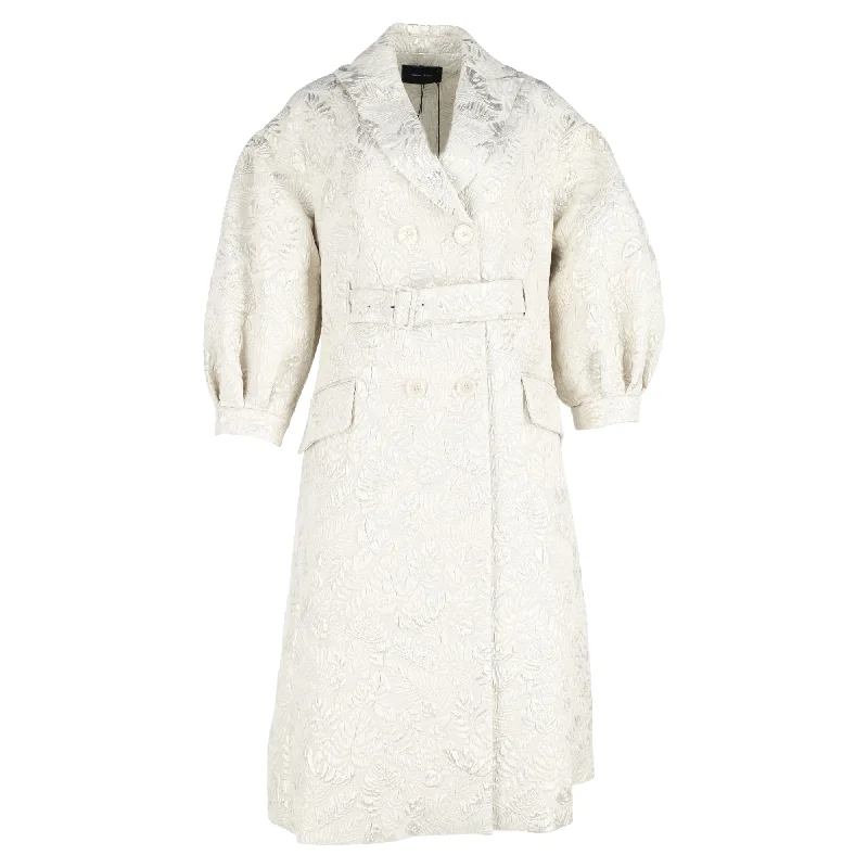 Simone Rocha Jacquard Double-Breasted Puffed Sleeve Trench Coat in White Polyester