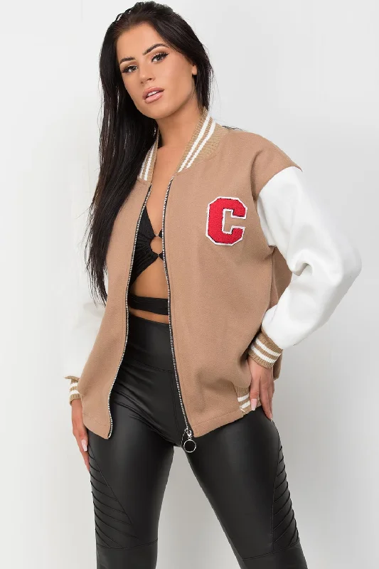 C Slogan Varsity Bomber Jacket Beige