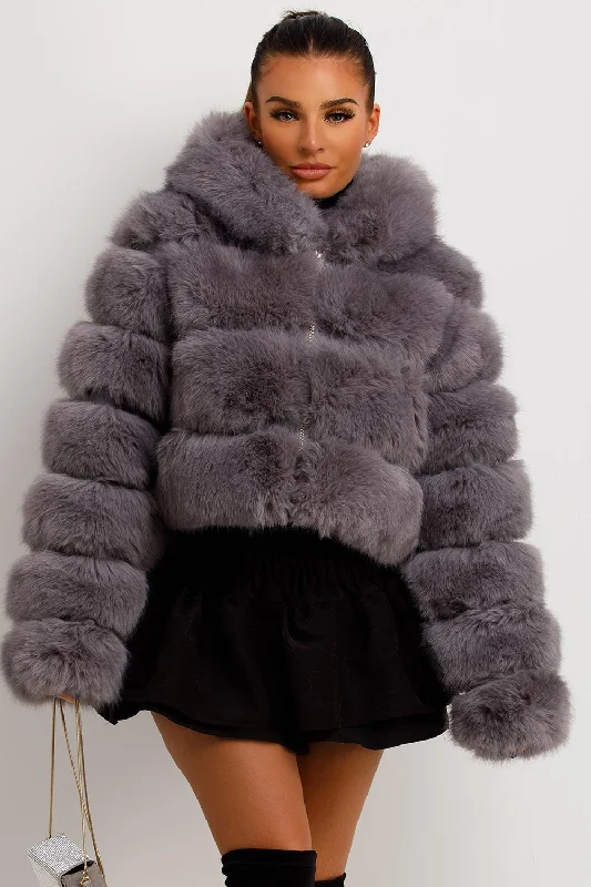 Grey Faux Fur Coat With Hood