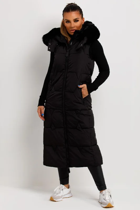 Long Puffer Gilet With Faux Fur Hood Black