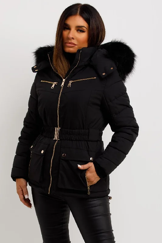 Puffer Coat With Fur Hood And Belt Black