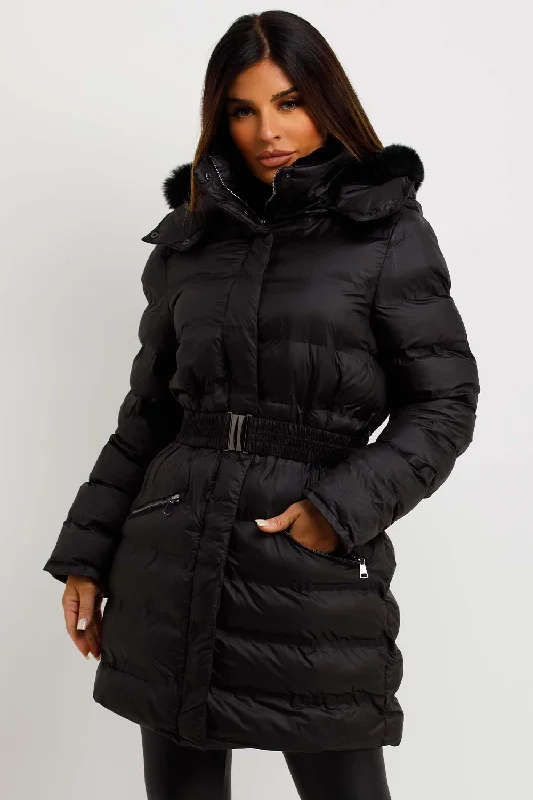 Puffer Padded Coat With Fur Hood And Belt Black