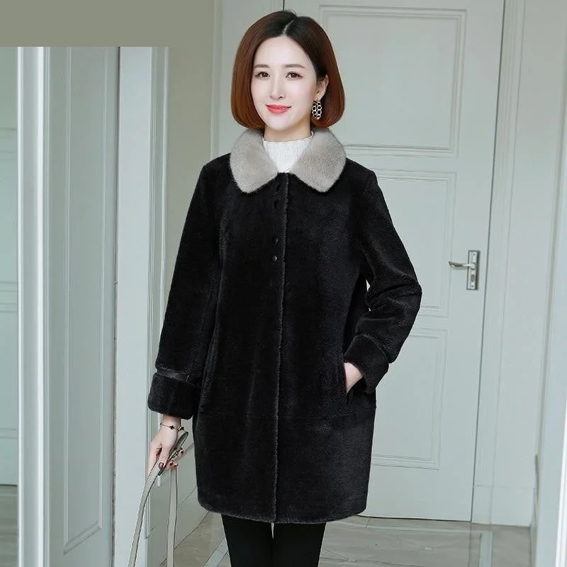 Winter Elegant Women's Mink Fur Collar Sheep Shearling Coats & Jackets