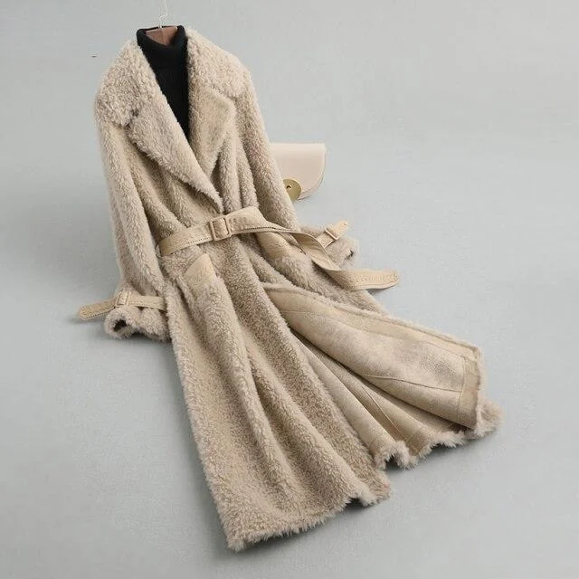 Winter Ladies Sheep Shearling Wool Turn-down Collar Long Coats & Jackets