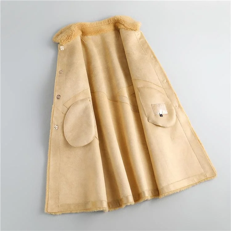 Winter Women's Yellow Sheep Shearling Wool Long Pockets Coats & Jackets