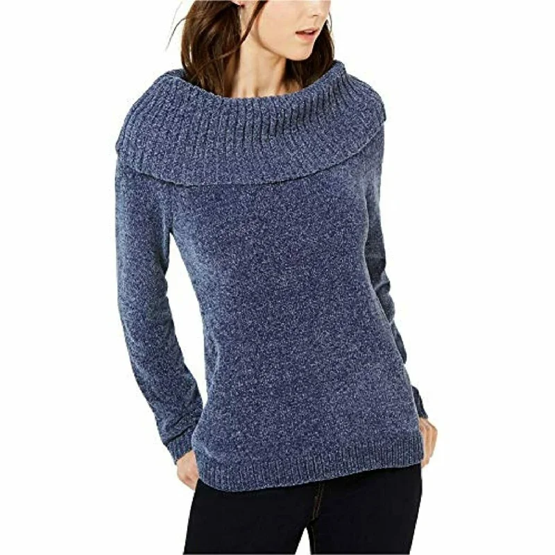 INC International Concepts Women's Chenille Cowl-Neck Sweater Navy Size Large