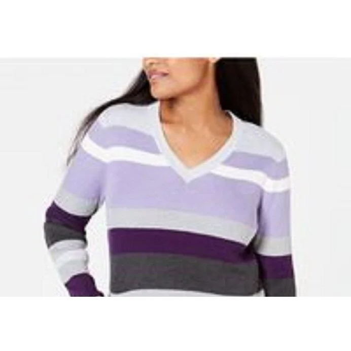 Karen Scott Women's Petite Emma Cotton Striped Sweater Med Purple Size Petite EXtra Large - Petite-XL