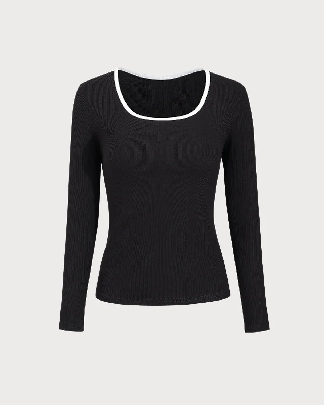 Black Contrasting Square Neck Slim Sweater