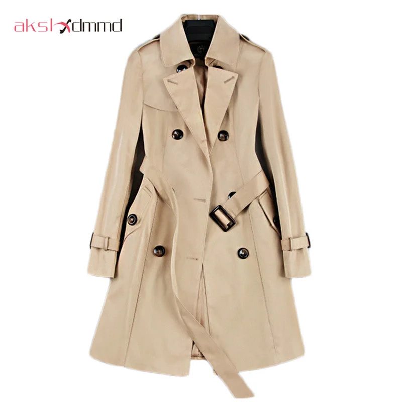 2019 New Fashion Double Breasted Mid-long Trench Coat Women Khaki Slim Belt Cloak Mujer Windbreaker Female Abrigos Brazil LH810