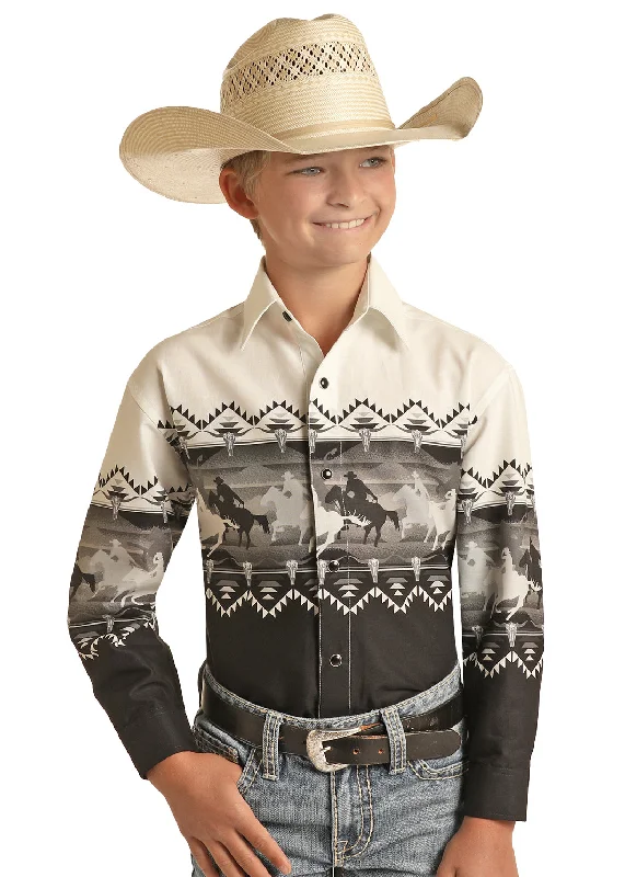 Boy's Long Sleeve Black & White Borders Western Snap Shirt