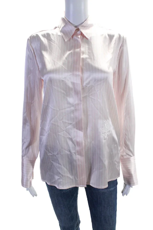 DMN Paris Womens Button Front Collared Striped Silk Shirt Pink White