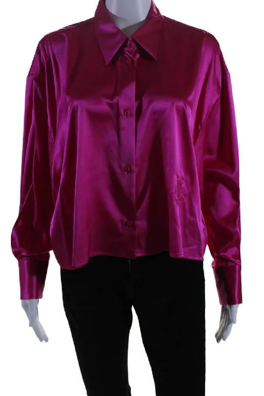 DMN Paris Womens Silk Hot Pink Collar Button Front Long Sleeve Shirt