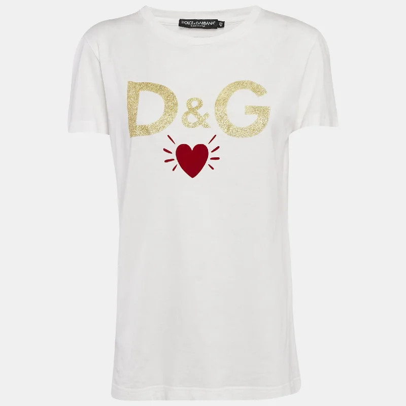 Dolce & Gabbana White Logo Heart Glitter Print Jersey T-Shirt