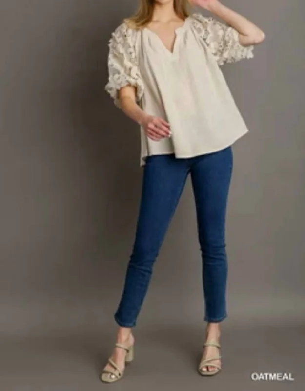 Floral Lace Sleeve Shirt In Beige