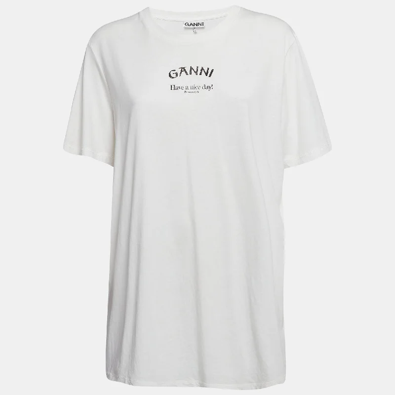 Ganni White Printed Cotton Knit Crew Neck T-Shirt