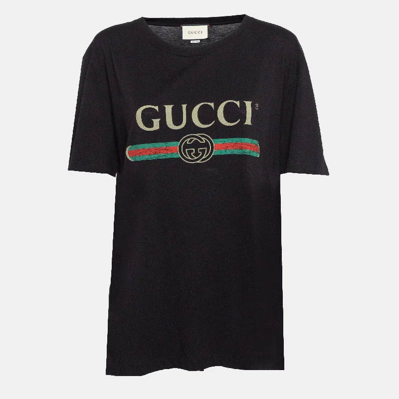 Gucci Black Logo Print Jersey Distressed T-Shirt