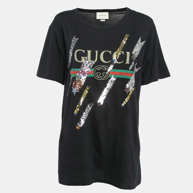 Gucci Black Web Print Jersey Sequin Detail T-Shirt