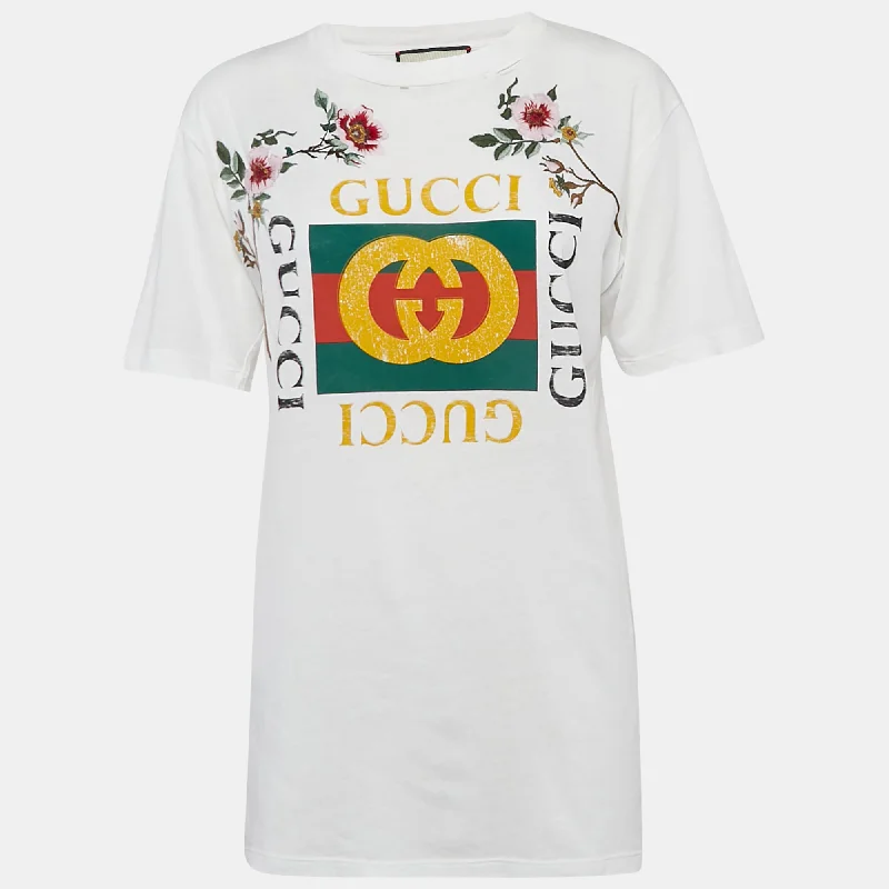 Gucci White Floral Embroidery Cotton Distressed T-Shirt