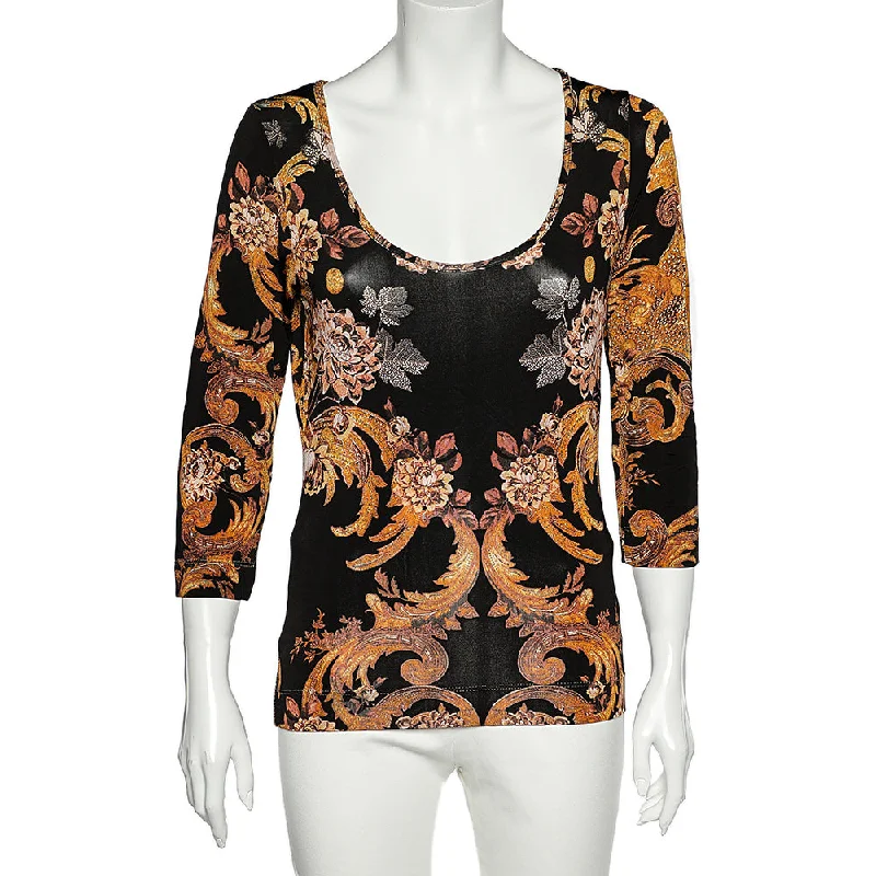 Just Cavalli Black Floral Printed Jersey Scoop Neck T-Shirt