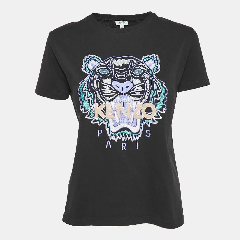 Kenzo Black Tiger Logo Embroidered Cotton Knit T-Shirt