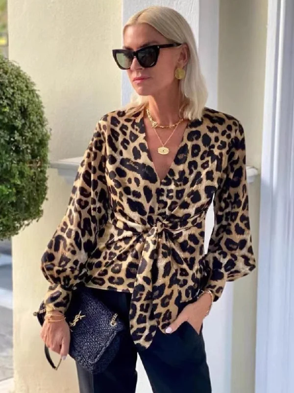 Leopard Print V Neck Lace Up Shirt