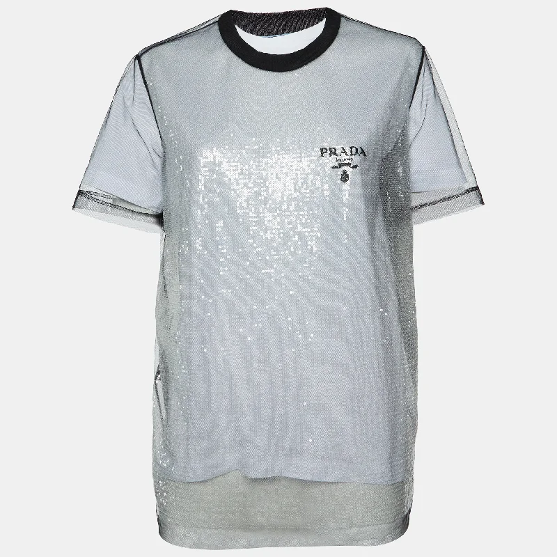 Prada Black/white Logo Print Sequin Tulle And Cotton Knit T-Shirt