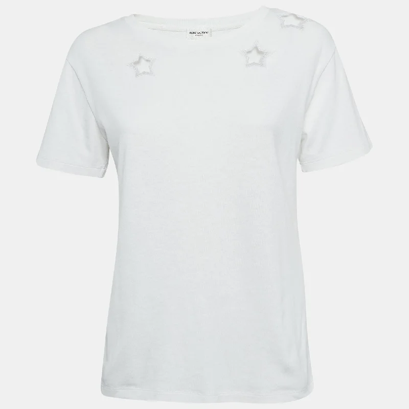 Saint Laurent Paris White Cotton Star Cut-Out Detail T-Shirt