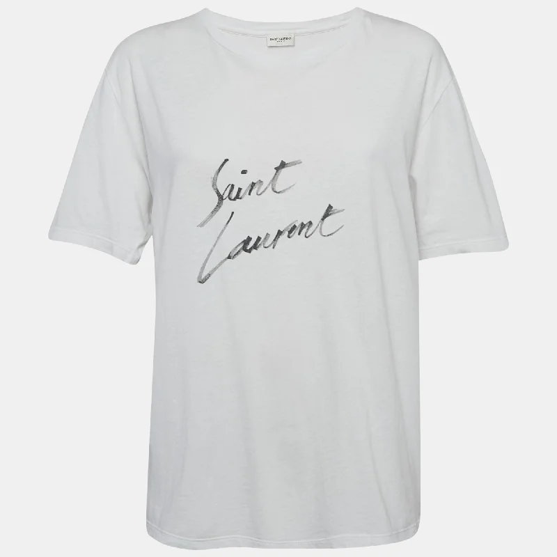 Saint Laurent White Logo Print Cotton Jersey T-Shirt