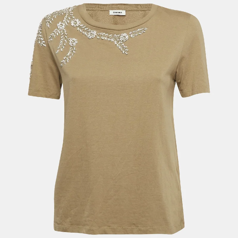 Sandro Olive Green Rhinestone Embellished Cotton T-Shirt