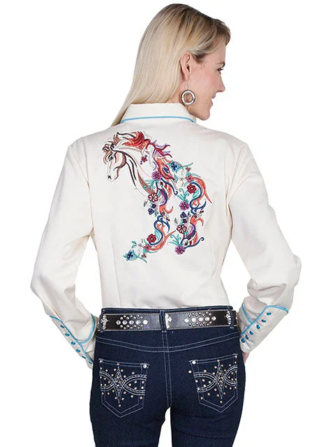 Scully Women's Long Sleeve Ivory Horse Embroidered Snap Shirt