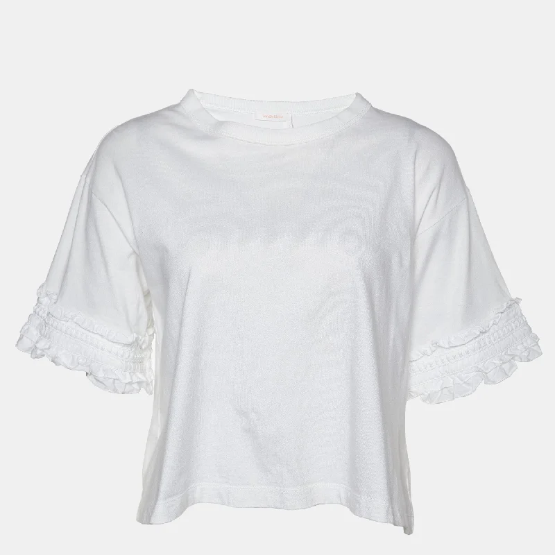 See By Chloe White Cotton Ruffled Sleeve Detail T-Shirt