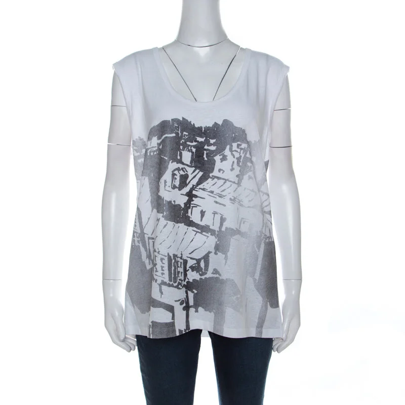 Tory Burch White Contrast Print Cotton French Sleeve T-Shirt