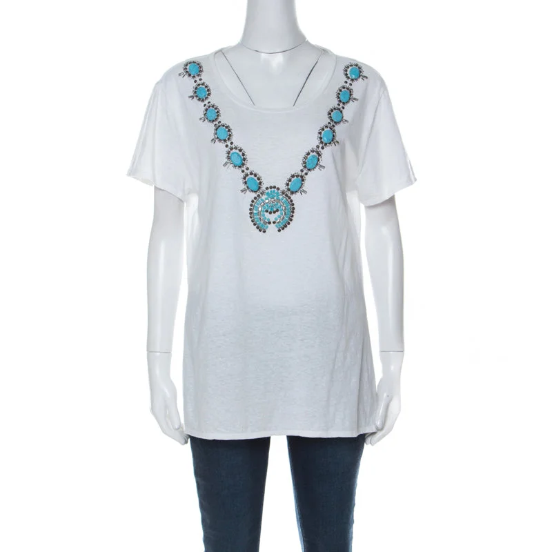 Tory Burch White Cotton Turquoise Bead Embellished T Shirt