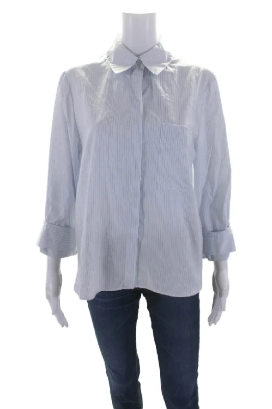 TWP Womens Cotton Light Blue Striped Collar Long Sleeve Button Down Shirt