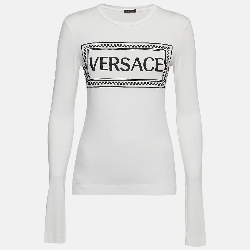 Versace White Logo Print Jersey Long Sleeve T-Shirt