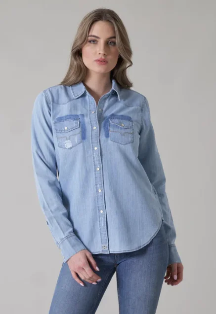 Women's Kaycee Destroy Wash Denim Long Sleeve Shirt